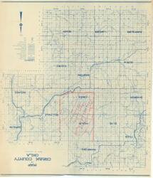 ["The Map of Creek County, Oklahoma, produced by the Department of Highways on blue ink and white paper, includes areas marked in red pencil and a handwritten note for the Pole Cat Creek Land Utilization Project.  Dimensions: 25 x 29"]