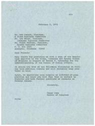 ["The document is a letter from member of Congress Happy Camp thanking the Kiowa, Comanche, and Apache Tribes for their resolution supporting Reeves F. Nahwooksy for the position of Commissioner of the Bureau of Indian Affairs. The resolution outlines Nahwooksy's qualifications and experience, including his work in various government agencies and with Indian tribes. It also includes his educational background and tribal affiliations."]