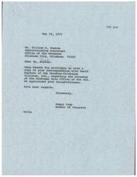 ["The document consists of a series of correspondence between various individuals regarding the appointment of Thomas J. Ellison as the Area Director at the Muskogee Area Office of the Bureau of Indian Affairs. The Choctaw-Chickasaw Alliance passed a resolution opposing his appointment and informed Governor Hall about their concerns. William B. Buxton, Administrative Assistant to the Governor, acknowledged receipt of the resolution and thanked David Gardner for keeping them informed. Congressman Happy Camp also expressed appreciation for receiving a copy of the correspondence."]