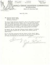 ["The Ponca Tribal Business Committee is urging the Chilocco School Board to begin the ten-million dollar proposed development and building program for Chilocco Indian School in Oklahoma. They believe that improving the educational program for Indian youth is important and are concerned about the future of the school. They request to be kept informed of any future developments related to the program."]