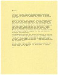 ["Marjorie Wooten from Chilocco Indian School is concerned about Tillman returning to Concho and wants to check with BIA. Jim Hawkins explains that the Supreme Court stay allows the position to be filled, but it must be advertised again. Wooten is informed and believes Tillman may not be convinced. A phone call between Tillman and Hawkins is arranged. Tillman still wants the superintendent job at Chilocco and is returning to Concho to force BIA to act."]