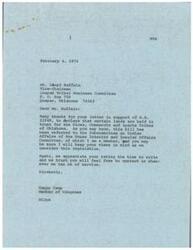 ["The document  consists of two letters, one from Mr. Lloyd Buffalo, Vice-Chairman of the Quapaw Tribal Business Committee, expressing support for H.R. 11949, and another from Congressman Happy Camp acknowledging the support and assuring that the views will be considered during the legislative process. Buffalo urges Congressman Camp to support the bill declaring certain lands are held in trust for the Kiowa, Comanche, and Apache Tribes of Oklahoma."]