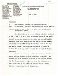 ["The Subcommittee on Indian Affairs will hold hearings on May 14 and 15 on H.R. 5647, a bill to authorize the partition of the surface rights in the joint use area of the Hopi and Navajo tribes. Testimony will be taken from the tribes and government officials, focusing on the immediate issues at hand rather than a complete review of the problem."]