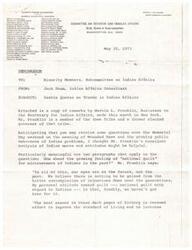 ["The document is a memo from Jack Daum, an Indian Affairs Consultant, to minority members of the Subcommittee on Indian Affairs, providing usable quotes on trends in Indian Affairs. It includes remarks by Marvin L. Franklin, Assistant to the Secretary for Indian Affairs, discussing the challenges faced by American Indians and their adaptability. Franklin emphasizes the importance of focusing on the future and improving the standard of living for Indian citizens, rather than dwelling on past injustices. He also discusses the efforts to promote self-determination and economic opportunities for Indian tribes."]