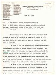 ["The document outlines the schedule for a Subcommittee on Indian Affairs markup session for three bills related to land exchanges and rights of Native American tribes. The bills are described as non-controversial with administration support, but one bill may require some amendments. The document also provides details on the bills and amendments to be discussed at the session."]
