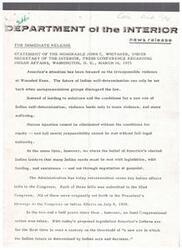 ["The Honorable John C. Whitaker, Under Secretary of the Interior, spoke at a press conference regarding Indian affairs in 1973. He emphasized the importance of addressing Indian needs through legislation and funding, rather than through violence or negotiation at gunpoint. The Administration retransmitted seven key Indian affairs bills to Congress, aiming to provide support for Indian self-determination and economic development. Whitaker urged Congress to take action to support America's Indian population and achieve a new era of self-determination."]