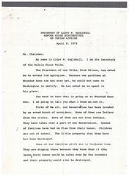 ["Lloyd W. Eaglebull, Secretary of the Oglala Sioux Tribe, spoke before a House Subcommittee on Indian Affairs in 1973. He addressed the ongoing issues at Wounded Knee, where armed outsiders had invaded and caused chaos. He criticized the AIM organization for their tactics and lack of a clear program. Eaglebull also discussed the historical struggle between the Tribal Government and the Indian Bureau, emphasizing the importance of tribal self-governance. He expressed pride in the current leadership structure that prioritizes elected tribal leaders over government officials."]