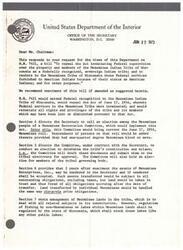 ["The Department of the Interior recommends the enactment of H.R. 7421, a bill to restore Federal recognition and services to the Menominee Indian Tribe of Wisconsin. The bill would repeal the Menominee Termination Act of 1954 and reinstate rights and privileges to the tribe. The document provides background on the termination and its impact on the tribe's financial situation, recommending restoration of the trust relationship to provide necessary assistance."]