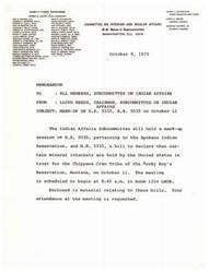["The document lists the members of the House Committee on Interior and Insular Affairs and provides details about an upcoming mark-up session on two bills related to Indian affairs. Members are requested to attend the meeting scheduled for October 11 in Room 1324 LHOB."]