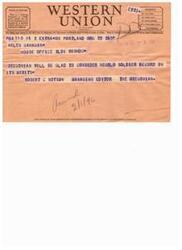 ["This text provides information about Western Union's class of service symbols for telegrams and cables, including DL for Day Letter and NL for Night Letter. It also explains the filing and receipt times for telegrams and day letters. The document includes a sample message regarding a soldier's record and encourages feedback from customers."]