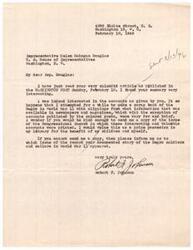 ["The writer, Robert F. Johnson, is writing to Representative Helen Gahagan Douglas to express his appreciation for her article on the contributions of African American soldiers and sailors in World War II. He mentions his own interest in collecting information on the topic and requests a copy of the Congressional Record issue where her article was published for his personal library."]