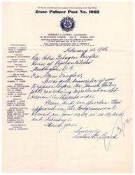 ["This text is a list of members and officers of the Jesse Palmer Post No. 1068, a Legion US organization, along with their contact information and roles within the group. The document also mentions the preservation of memories and incidents from the Great Wars, as well as a request for speeches from the Congressional Record related to past wars."]