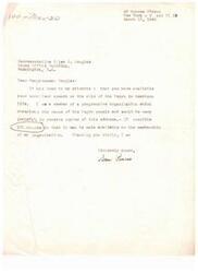 ["Sam Pincus, a member of a progressive organization advocating for the rights of African Americans, requests 100 copies of Representative Helen G. Douglas's speech on the role of African Americans in American society to distribute to members of his organization."]