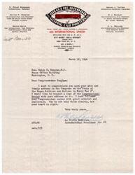 ["The document is a letter from A. Philip Randolph, International President of the Brotherhood, to Congresswoman Helen G. Douglas congratulating her on her address about the Story of the \"Negro\" Soldiers and Sailors in World War 2. Randolph requests a copy of the Congressional Record with her address and expresses admiration for her clear thinking and compassionate heart."]