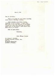 ["George S. Mitchell writes to Helen Gahagan Douglas thanking her for sending copies of \"The \"Negro\" Soldier\" and expressing interest in obtaining more copies for distribution in the South. Mitchell mentions the work of the Southern Regional Council in supporting education and training opportunities for veterans, particularly African American veterans. He also discusses encountering the negative effects of speeches by Senators Eastland and Bilbo in their work. Mitchell offers to pay for additional copies of the pamphlet and praises its quality."]