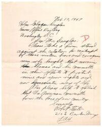 ["The document is addressed to Representative  H. G. Douglas in Los Angeles, dated November 17, 1947. The writer, Mrs. B. Thomas, urges the representative to take action to abolish the Thomas Rankin Committee, which she believes threatens the freedom of speech and thought guaranteed by the American Constitution. She emphasizes the importance of preserving American institutions of freedom."]