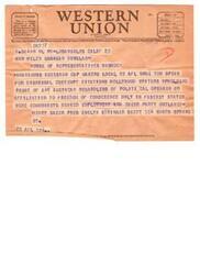 ["The document provides information about Western Union symbols for different classes of service, such as DL for Day Letter and NL for Night Letter. It also includes the filing time and standard time for telegrams and day letters. The telegram is a message to Helen Gahagan Douglas, a congresswoman from California, regarding a vote to quash a contempt citation against ten Hollywood writers. The document also mentions that the company welcomes suggestions from its patrons regarding its service."]