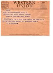["Mr. Corwin sent a telegram to Mr. Douglas thanking her for her statement on the contempt citations vote. Mr. Douglas appreciates Mr. Corwin's support and thoughtfulness. The telegram was sent from Los Angeles, California on November 25, 1947."]