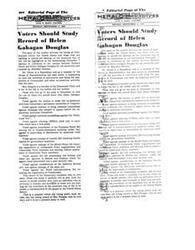 ["The Sentinel newspaper has announced its support for Congressman Richard Nixon over Helen Gahagan Douglas in the upcoming election for a California Senate seat. They cite Douglas' weak stance on Communism and her voting record as reasons for their decision. The newspaper emphasizes the importance of choosing a candidate who aligns with national interests and the American dream. They also highlight their commitment to fighting race hate and achieving equality for all Americans. The Sentinel urges voters to support Nixon for United States Senator."]