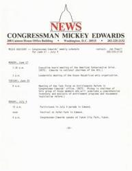 ["Congressman Mickey Edwards has a busy schedule for the week of June 27 to July 4, including meetings with the American Conservative Union and House Republican whip organization, as well as leading the Task Force on Entitlements Reform. He will also participate in a July 4 parade in Edmond and speak at an event in Yukon."]