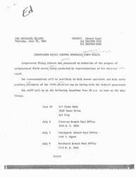 ["Congressman Mickey Edwards has announced an extension of the program of neighborhood field visits being conducted by representatives of his district staff. The representatives will be available to help answer questions and solve problems residents of the fifth district may be having with the federal government. The staff will be at various locations on specific dates and times throughout the month of July."]