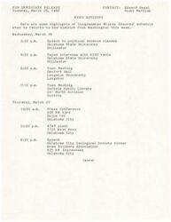 ["Congressman Mickey Edwards has a busy schedule in the district when he returns from Washington, including speeches, town meetings, press conferences, and interviews in various locations in Oklahoma City and surrounding areas."]