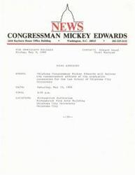 ["Congressman Mickey Edwards will deliver the commencement address at the graduation ceremonies for the Law School of Oklahoma City University on Saturday, May 10, 1986 at 2:30 p.m. in Kirkpatrick Auditorium at Oklahoma City University."]