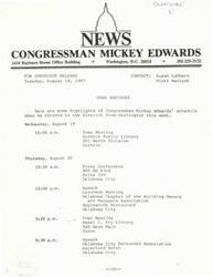 ["Congressman Mickey Edwards has scheduled several events in Oklahoma City and Yukon, including town meetings, a press conference, and speeches. He will also hold neighborhood meetings in Shidler, Blackwell, and Billings to discuss issues facing Congress and gather input from constituents."]