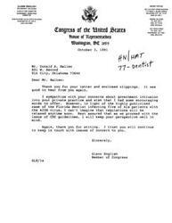 ["The document  includes contact information for Representative Glenn English, discussions about OSHA regulations in the dental profession, a letter from Dr. Donald A. Ballew to Representative English about OSHA guidelines, and a news article about the ADA challenging OSHA regulations."]