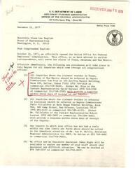 ["The document  is a letter from the Regional Administrator of the Department of Labor's Employment Standards Administration in Dallas to Congressman Glenn Lee English. It provides an update on the transfer of workers' compensation cases for the states of Texas, Oklahoma, and New Mexico to the Dallas office. The document explains that 97% of the case files have been transferred, resulting in a temporary interruption of claims processing. It also instructs that all claims inquiries for residents of Texas, Oklahoma, and New Mexico should be directed to the Dallas office. The document concludes with a request for cooperation from Congressman English's staff during this transition period."]