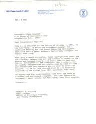 ["Glenn English, a member of Congress, received a response from the Department of Labor regarding funding for HRDI for Fiscal Year 1984. The Department of Labor is currently negotiating the funding and resources for nationally administered activities. English shares the concern of the Oklahoma State AFL-CIO regarding the funding and will continue to follow the issue. The Department of Labor appreciates the contributions of HRDI to training and employment programs."]