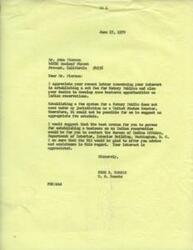 ["Mr. Pierson wrote to Senator Harris expressing his desire for a set fee for Notary Publics and business opportunities on Indian reservations. Senator Harris replied that he does not have jurisdiction over setting fees for Notary Publics and suggested contacting the Bureau of Indian Affairs for assistance with establishing a business on a reservation. Pierson also proposed ideas for creating employment opportunities for Indians, including agricultural work and exterminating harmful animals. He also requested assistance with obtaining a new typewriter and information on potential oil royalties."]