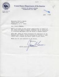 ["The document is a series of letters and communications regarding Mrs. Helen Dee Smith's desire to obtain employment with the Bureau of Indian Affairs. Senator Fred R. Harris is contacted by Mrs. Smith and her desire for a job is expressed due to financial and personal reasons. Senator Harris reaches out to the Bureau of Indian Affairs to inquire about potential job opportunities for Mrs. Smith."]