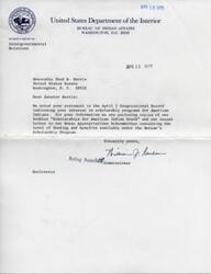 ["The document is a series of letters from the Bureau of Indian Affairs to Senator Fred R. Harris and Chairman Julia Butler Hansen regarding scholarship programs for American Indians. The letters provide information on the funding and benefits available under the Bureau's Scholarship Program, as well as the need for increased funding to support more students. The Bureau also discusses the disparity between benefits for vocational training and academic education under different programs and suggests equalizing funding for both. The letters include estimates of the number of students that could be served with adequate funding and request support for equal availability of funds for college students and vocational trainees. Additionally, information about a Special Scholarship Program in Law for American Indians at the University of New Mexico is enclosed for consideration."]