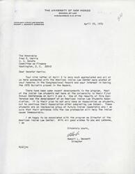 ["The letter is expressing gratitude to Senator Fred R. Harris for his interest and support of the American Indian Law Center at the University of New Mexico. It mentions recent developments in the program, including the formation of an American Indian Law Students Association, and expresses optimism about the future impact of these students on the Indian cause. The director, Robert L. Bennett, signs off with well wishes."]