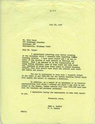 ["The letter from Mr. Dick Paris expresses approval of Senator Fred R. Harris's proposal to build elementary schools for Indian children on reservations so they can live at home and attend school like non-Indian children. Mr. Paris also asks for clarification on whether the proposal allows for colleges and higher learning institutions to remain off-reservation. Senator Harris responds by stating that he is not in favor of closing schools like Chilocco and Bacone, but rather opposes transporting young children far from their homes to attend boarding schools. He also mentions his efforts to secure funding for the Eufaula Boarding School and increase funding for Indian schools for teachers and guidance personnel."]