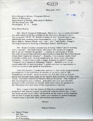 ["Willard Walker receives a letter from Stuart Trapp regarding the Cherokee bilingual education program and a proposal for a Rumor Aid Project. Walker responds to accusations made by W.W. Keeler in a letter to Miss Margaret Moore, denying allegations of promoting violence and division within the tribe. He mentions a Senate investigation on the activities of outside do-gooders in the Cherokee area. Walker expresses willingness to provide information on Cherokee language and education programs. He also requests a true copy of a letter allegedly written by Keeler. Walker cc's the letter to Trapp, Sol Tax, Bob Thomas, and Al Wahrhaftig."]