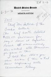 ["The Chief of the Creeks called to discuss a provision for $550,000 for a boy's home at Eufaula that was passed unanimously in the House of Representatives. The Chief has worked with Edmondson on this issue for years and was told that both the Chief and the recipient of the memo were aware of the situation and had been in communication with Edmondson."]