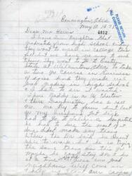 ["The writer, Siba Bennington, is writing to Mr. Harris to explain that their two daughters want to enroll in college at Eastern State in Witherow's, Oklahoma to study Business, but they do not have the means to send them. The family has faced financial difficulties due to the husband's illness and inability to work. The writer is hopeful that their neighbors will help out during the difficult times."]