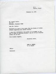 ["Fred R. Harris, a U.S. Senator, has sent Mr. Virgil Quetone a copy of the reply from the Bureau of Indian Affairs regarding a recent inquiry. Harris hopes the information will be helpful and offers further assistance if needed."]
