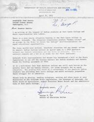 ["The document discusses a situation at Fort Lewis College in Colorado where a bill has been introduced to cut off tuition waivers for American Indian students, breaking a 1910 agreement. The letter urges Senator Harris to take prompt action to support the students and their struggle for equal education. A response from the Colorado Attorney General's office is also included, stating that the state is in compliance with the terms of the grant."]