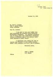 ["Fred R. Harris received a letter from Earl E. Latimer expressing support for the Bunch Industrial Development Foundation in Adair County. Harris appreciates Latimer's interest in the project and assures him that he will continue to promote it. Harris agrees that the foundation will help eliminate poverty conditions and improve living standards in the area."]