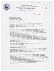 ["The letter from the Department of the Interior's Bureau of Indian Affairs to Senator Fred R. Harris discusses the Indian Arts and Crafts Board's efforts in Alaska to support Native craftsmen. The Board has established workshops, provided training opportunities at the University of Alaska, and assisted in retraining programs in Nome. These initiatives have led to the development of new craft products, market testing, and the establishment of the Arctic Eskimo Arts and Crafts Association. The programs aim to support Native craftsmen in Alaska and promote the production and marketing of quality craft products."]