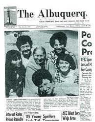["The Albuquerque Tribune newspaper from April 26, 1968, features a local forecast, political cartoons about Senator Robert F. Kennedy and his wife Ethel, an Indian family reunion in Albuquerque, and news about the upcoming New York Democratic primary. The newspaper also includes information about interest rates, a spelling bee, an AEC blast, and the Indiana primary."]