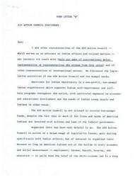 ["The letter is from the AIO Action Council, a non-profit organization advocating for Indian affairs. They met with representatives from international unions to discuss legislative activities and budget needs. The organization supports Indian self-improvement programs, particularly focusing on economic and educational development. They are seeking financial contributions to support their work and are emphasizing the need for government services and tribal recognition for the Menominee Indians of Wisconsin. The letter expresses gratitude for the support received from organized labor and urges for continued collaboration."]