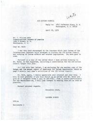 ["LaDonna Harris of the AIO Action Council writes to Mr. J. William Webb of the Communications Workers of America, thanking him for attending a luncheon to discuss lobbying on Indian affairs. She encloses a letter to Mr. Burns requesting a contribution, as well as a copy of the budget and annual report for the AIO Action Council. Harris asks Webb to follow up with Mr. Burns and contact her promptly."]