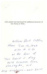 ["A call was made on 1/16 to invite LaDonna to a welcome back coffee event on January 19, 1969. The event will be held at the home of Mrs. David S. King in Kensington, Maryland from 10:30 to 11:30. RSVPs should be made to 225-3615. LaDonna declined the invitation due to her being in Oklahoma."]