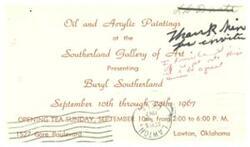 ["The document is an invitation to an art exhibition featuring oil and acrylic paintings by Dritt at the Southerland Gallery in Lawton, Oklahoma. The exhibition will run from September 10th through 1967, with an opening tea on September 10th from 2:00 to 6:00 PM."]