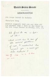 ["A United States Senator suggests postponing a visit to the Job Corps Center in Guthrie on Friday, Oct. 20. The memo advises checking with Charlyce King to see if funding is available and to ensure all details are in place before the visit."]