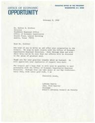 ["The letter is from LaDonna Harris, Chairman of the Women's Advisory Council on Poverty, thanking Walter H. Richter, Director of the Southwest Regional Office of Economic Opportunity, for his cooperation and support. She expresses a desire to meet with the Regional Directors at a conference in May and appreciates the kind words about her husband. Richter responds by praising Harris's leadership and offering assistance from the Southwest Regional Office."]